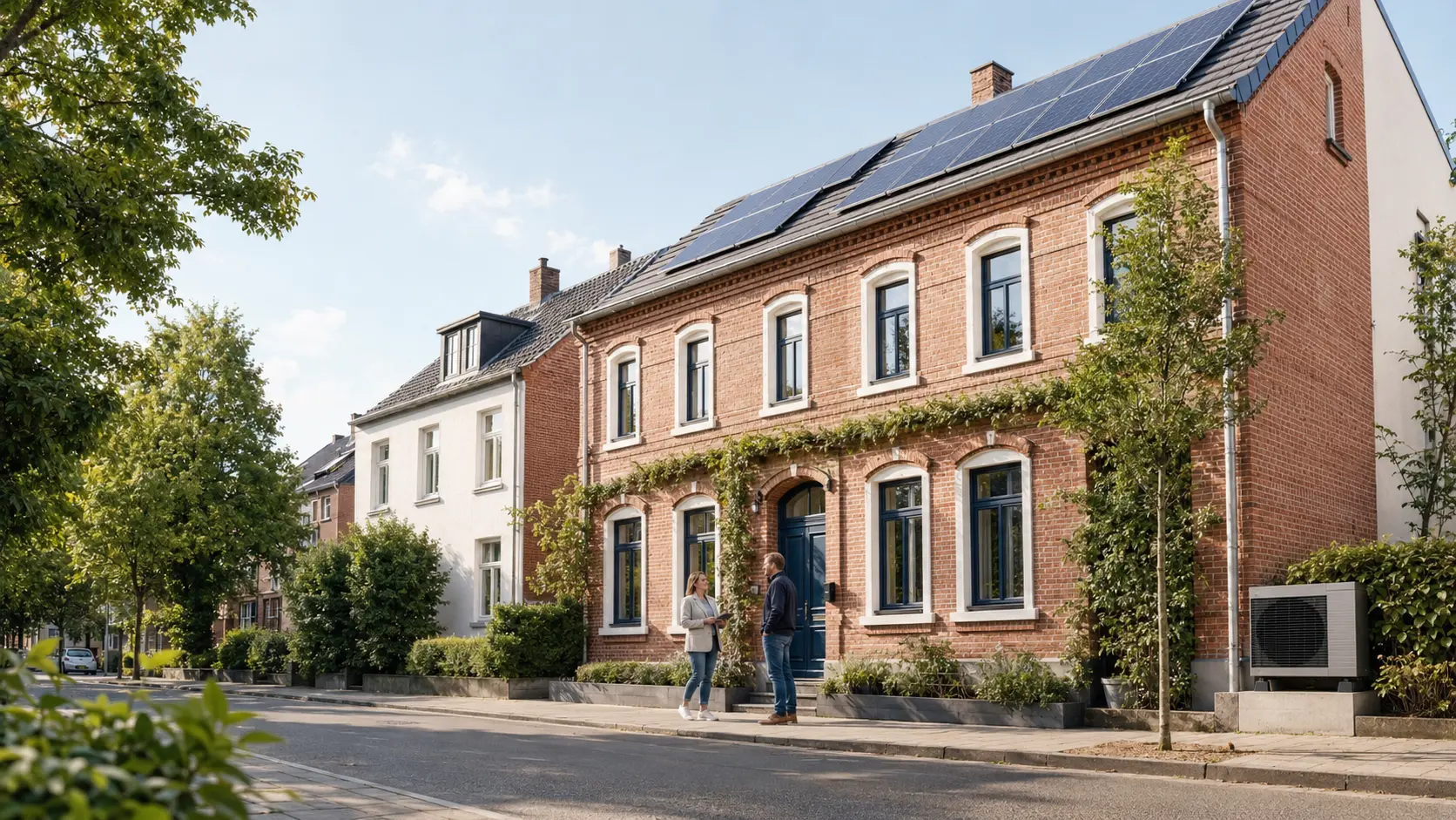 Helle Illustration eines energetisch modernisierten Krefelder Wohnhauses mit Solaranlage und Beratungsgespräch